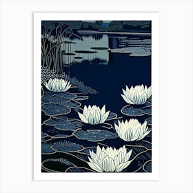 Water Lily Pond Landscapes Waterscape Linocut 1 Art Print