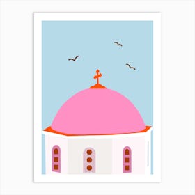 Santorini Travel Greece Pink And Blue Art Print