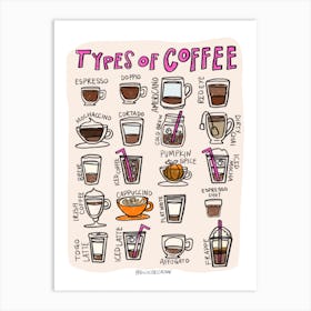 Types Of Coffee - pink & orange Art Print