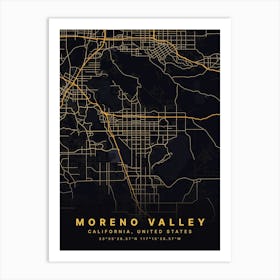 Moreno Valley California USA Black And Gold Map Art Print