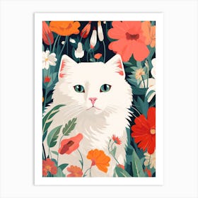 White Cat In Flowers 2 Art Print