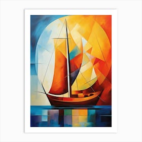 Sailing Boat at Sunset VII, Avant Garde Vibrant Colorful Painting in Cubism Picasso Style Art Print