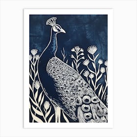 Navy & Cream Linocut Inspired Peacock In The Plants 2 Art Print