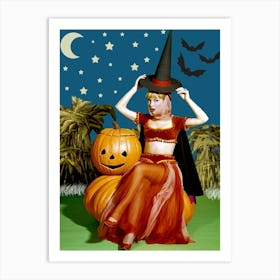 Pinup Witch With Pumpkins And Bats Art Print