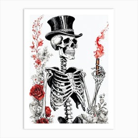 Floral Skeleton With Hat Ink Painting (3) Art Print