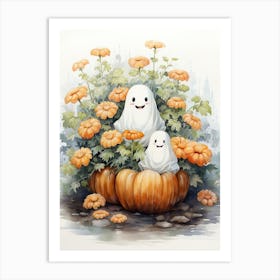 Cute Bedsheet Ghost, Botanical Halloween Watercolour 37 Art Print