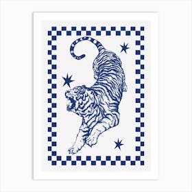 Tiger | Retro Tiger with Checkerboard Border Art Print