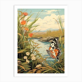 Butterfly By The River Japanese Style Painting 2 Art Print