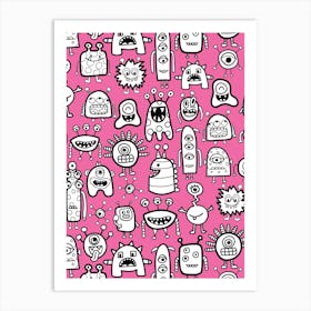 Happy Funky Monsters and Aliens Black and White on Hot Pink Kids Art Print