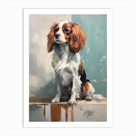 Cavalier King Charles Spaniel Dog, Painting In Light Teal And Brown 1 Art Print