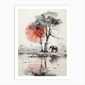 Elephant, Japanese Brush Painting, Ukiyo E, Minimal 1 Art Print