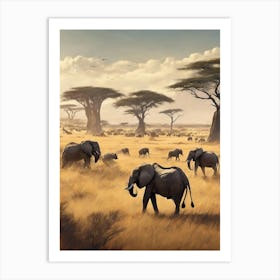 Elephants In The Savannah Art Print