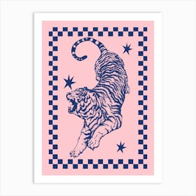 Tiger On Pink | Retro Tiger with Checkerboard Border Art Print