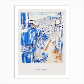 Malaga Spain Mediterranean Blue Drawing Poster Art Print