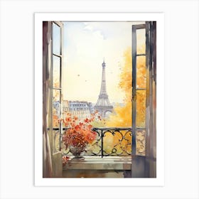 Window View Of Paris France In Autumn Fall, Watercolour 2 Art Print