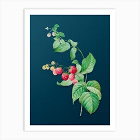 Vintage Red Berries Botanical Art on Teal Blue n.0313 Art Print