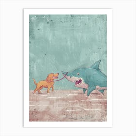 Shark Walking A Dog Textured Illustration Art Print