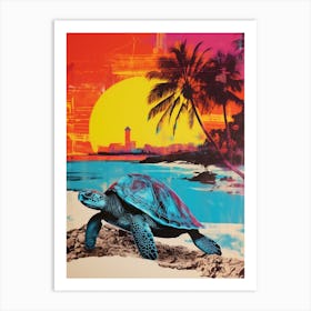 Sea Turtle On The Beach Risograph Inspired  2 Art Print