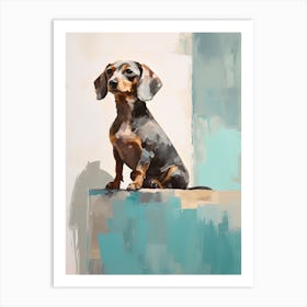 Dachshund Dog, Painting In Light Teal And Brown 3 Art Print