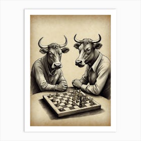 Bulls Playing Chess Art Print