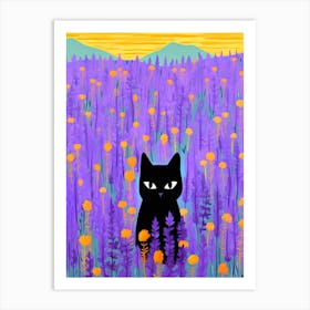 Black Cat Lavender Orange Flowers Field Art Print