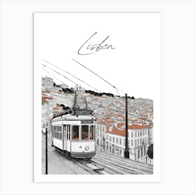 Lisbon Tram City, Black And White Illustration Art Print