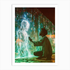 Afro-futuristic man praying to hologram Sci Fi futuristic Art Print