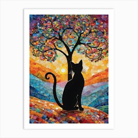 Meow Meow What a Sunset - Beautiful Rainbow Mosiac of Whimsical Black Cat Watching the Sun Set Whimsy Kitty Art for Cat Lover, Cat Lady, Chakra Pride Pagan Witch Colorful HD Art Print