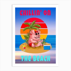 Colorful Pig Illustration Pig In Sunglasses On The Beach Under A Palm Tree Playing Music -2 Art Print