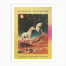 Unicorn & Giraffe In Space Retro Collage Poster Art Print