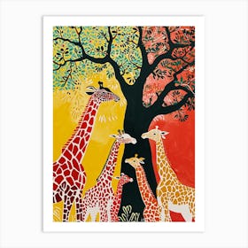 Cute Giraffe Herd Under The Trees Illustration 2 Art Print