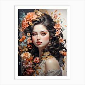 Woman With Flowers On Her Head Art Print