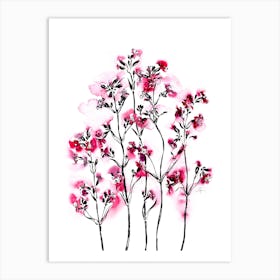 Watercolor Pink Spring Flowers On White Background Art Print