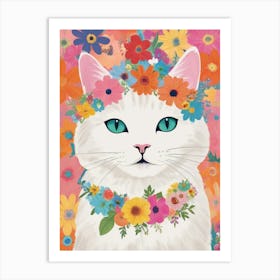 White Cat With Flower Crown Art Print