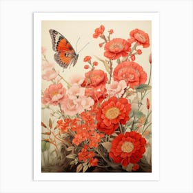 Japanese Style Painting Of A Butterfly With Flowers 3 Art Print