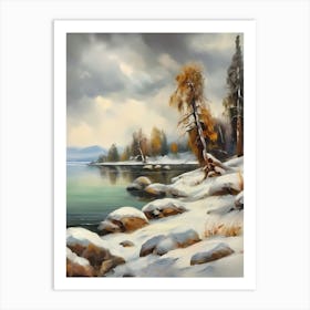 Ancient landscapes, old winter oil paintings and rocks around the lake bank. Snow is falling on the lake, old colors.10 Art Print