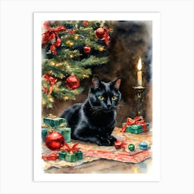 Vintage Christmas Black Cat - Winter Scene Black Cat in Santa Hat Art Print