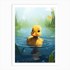 Cute Cartoon Duckling Swimming In The Pond 2 Art Print