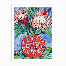 King Proteas In Round Red Vase Art Print