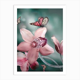 Pink Orchids With Butterflies 1 Art Print