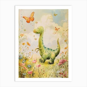 Cute Dinosaurs Playing With Butterflies Storybook Painting 2 Art Print