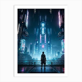 Artificial Intelligence Embodied In A Sleek Towering Structure With Neon Circuit Patterns Neon Lit Art Print