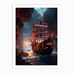 Pirate Ship In The Cave Print Art Print