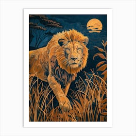 African Lion Relief Illustration Night Hunt 1 Art Print