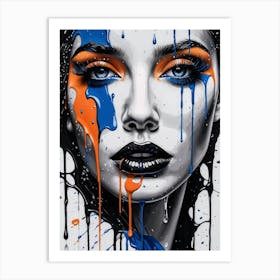 Female Face with Blue and Orange Paint Drips Poster