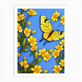 Yellow Butterfly On Yellow Flowers Art Print