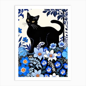 Black Cat In Blue Flowers 1 Art Print