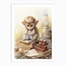 Monkey Painting Playing Chess Watercolour 3 Art Print