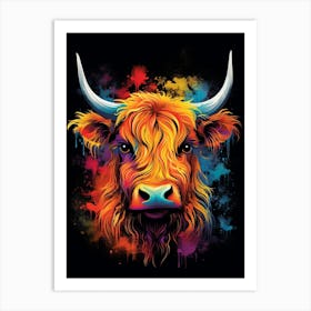 Black Paint Splash Colourful Of Highland Cow Art Print