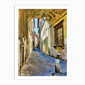 Lucca Charming Alleyway in Sunlight. A picturesque narrow alleyway bathed in warm sunlight, featuring an arched passage and rustic yellow walls. The cobblestone path creates an inviting perspective, leading the viewer deeper into this serene and timeless scene. Art Print